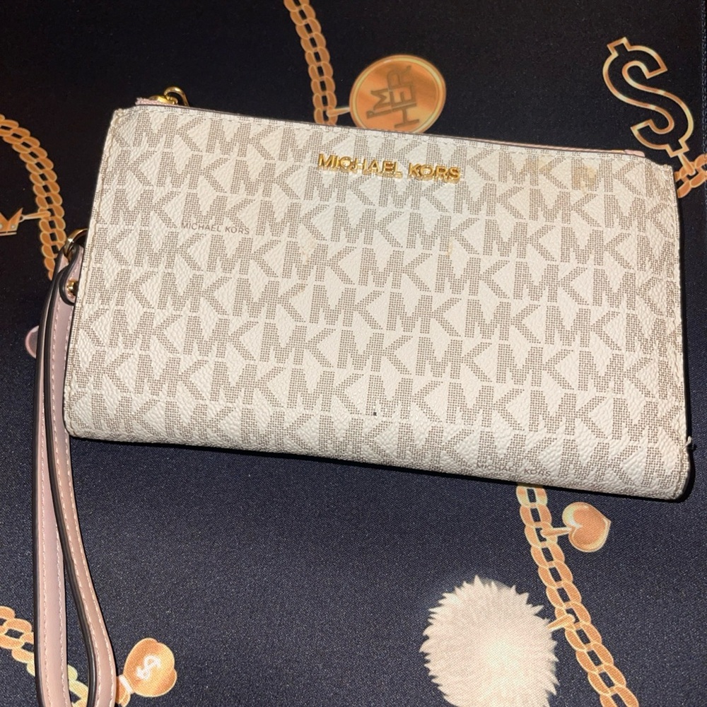 Michael Kors Cream and Pink Large Logo Wristlet